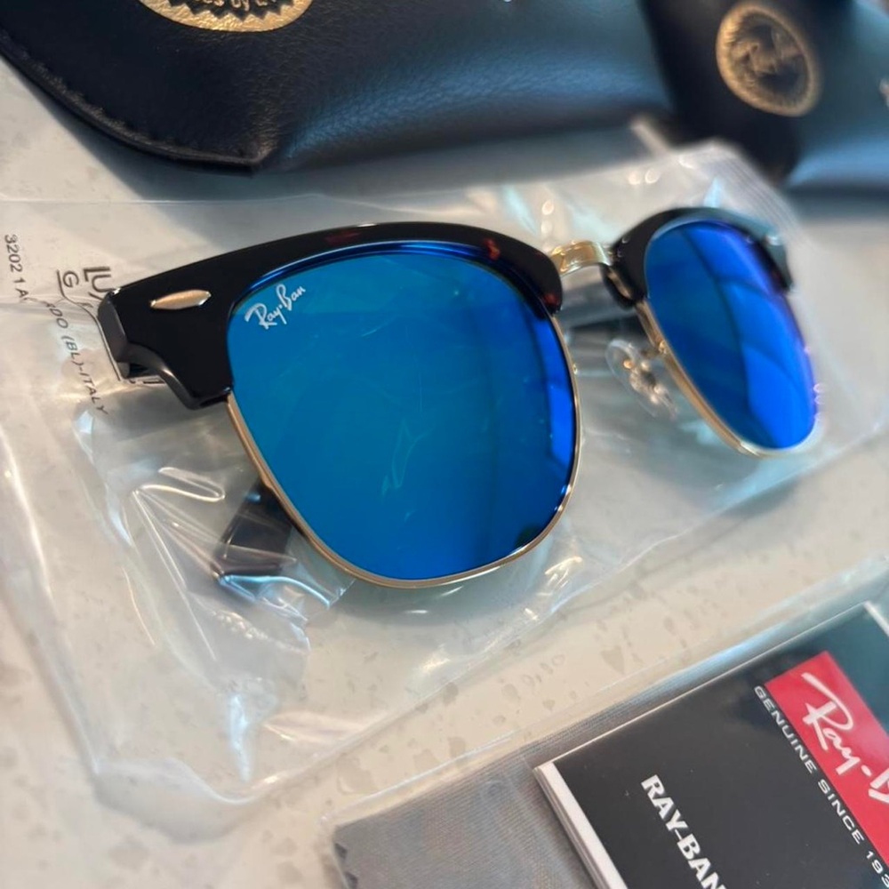 Ray-Ban CLUBMASTER Gold Frame with Blue Lenses Sunglasses